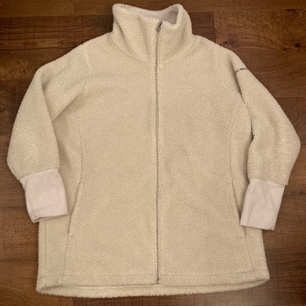 Columbia Cream Sherpa Zip Up Long Jacket StandCollar Pockets EUC Women’s Plus 1X